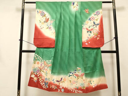平和屋着物[]七五三　女の子　７歳　祝着　四つ身　花蝶文　暈し染め　金彩　逸品　DABA3650ma