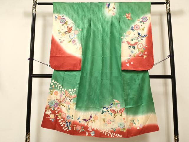 平和屋着物[]七五三　女の子　７歳　祝着　四つ身　花蝶文　暈し染め　金彩　逸品　DABA3650ma
