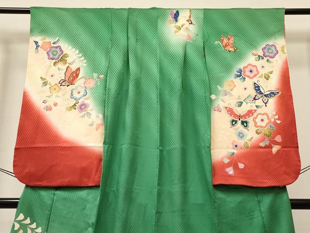 平和屋着物[]七五三　女の子　７歳　祝着　四つ身　花蝶文　暈し染め　金彩　逸品　DABA3650ma