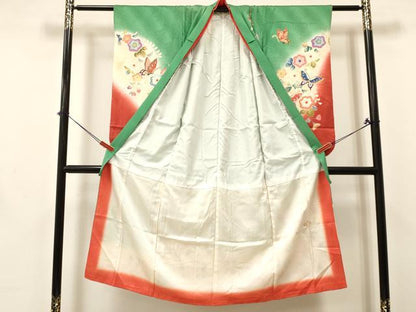 平和屋着物[]七五三　女の子　７歳　祝着　四つ身　花蝶文　暈し染め　金彩　逸品　DABA3650ma