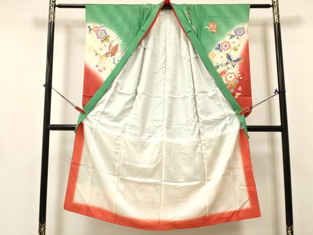 平和屋着物[]七五三　女の子　７歳　祝着　四つ身　花蝶文　暈し染め　金彩　逸品　DABA3650ma