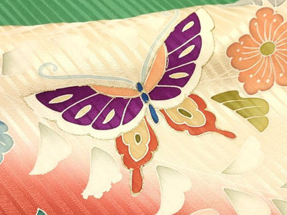 平和屋着物[]七五三　女の子　７歳　祝着　四つ身　花蝶文　暈し染め　金彩　逸品　DABA3650ma