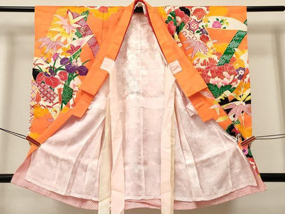 平和屋着物[]七五三　女の子　３歳　祝着　三つ身　襦袢付き　駒刺繍　立波花文　金彩　洗える着物　DABA3653ma