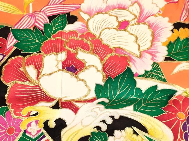 平和屋着物[]七五三　女の子　３歳　祝着　三つ身　襦袢付き　駒刺繍　立波花文　金彩　洗える着物　DABA3653ma