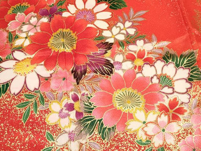 平和屋着物[]七五三　女の子　７歳　祝着　四つ身　草花文　金彩　逸品　DABA3654ma