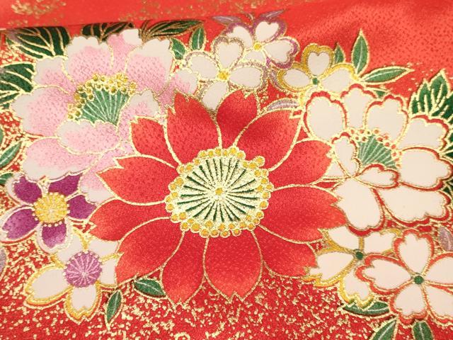 平和屋着物[]七五三　女の子　７歳　祝着　四つ身　草花文　金彩　逸品　DABA3654ma