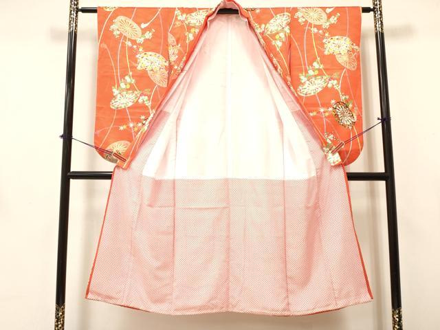 平和屋着物[]七五三　女の子　７歳　祝着　四つ身　源氏車花文　金彩　逸品　DABA3655ma