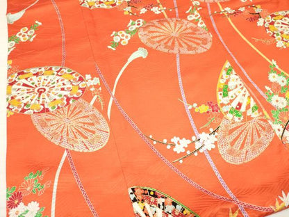 平和屋着物[]七五三　女の子　７歳　祝着　四つ身　源氏車花文　金彩　逸品　DABA3655ma