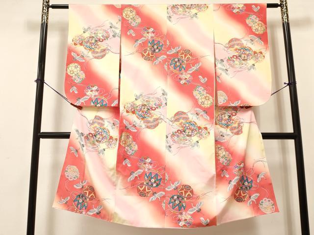 平和屋着物[]七五三　女の子　７歳　祝着　四つ身　飛鶴鞠花文　暈し染め　金彩　逸品　DABA3657ma