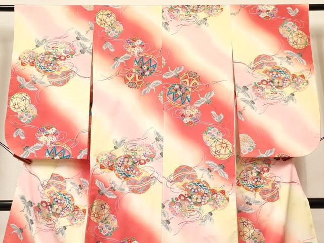 平和屋着物[]七五三　女の子　７歳　祝着　四つ身　飛鶴鞠花文　暈し染め　金彩　逸品　DABA3657ma