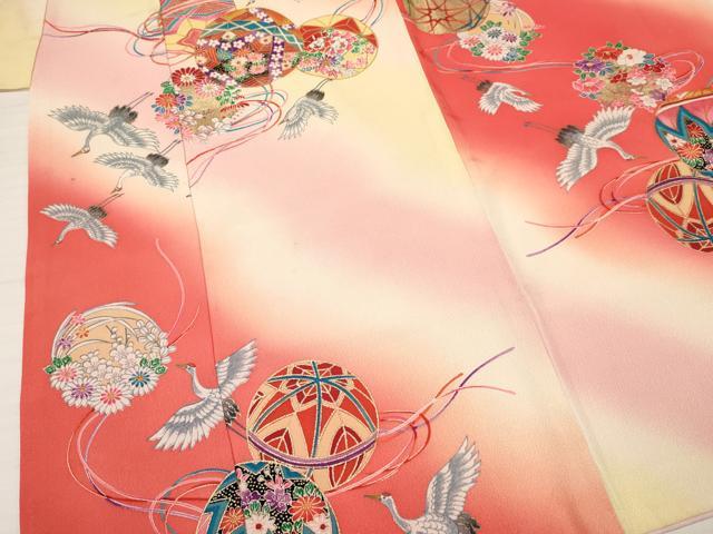 平和屋着物[]七五三　女の子　７歳　祝着　四つ身　飛鶴鞠花文　暈し染め　金彩　逸品　DABA3657ma