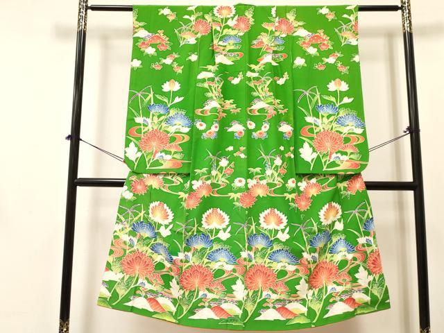 平和屋着物[]七五三　女の子　７歳　祝着　四つ身　型染　草花文　逸品　DABA3660ma