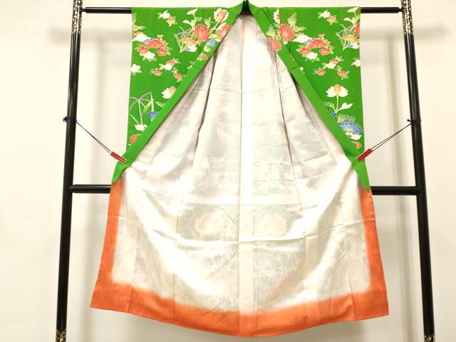 平和屋着物[]七五三　女の子　７歳　祝着　四つ身　型染　草花文　逸品　DABA3660ma