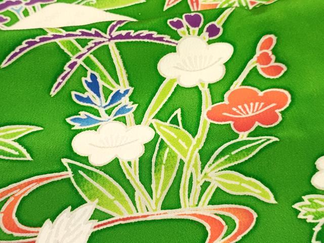 平和屋着物[]七五三　女の子　７歳　祝着　四つ身　型染　草花文　逸品　DABA3660ma