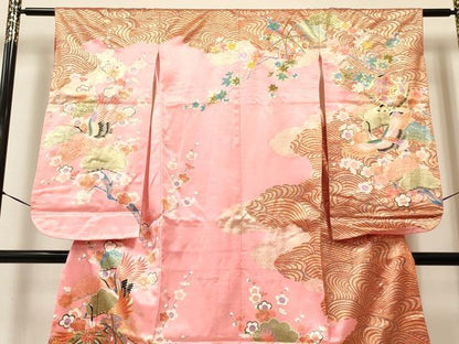 平和屋着物[]七五三　女の子　７歳　祝着　四つ身　飛鶴鞠花文　金銀彩　DABA3661ma