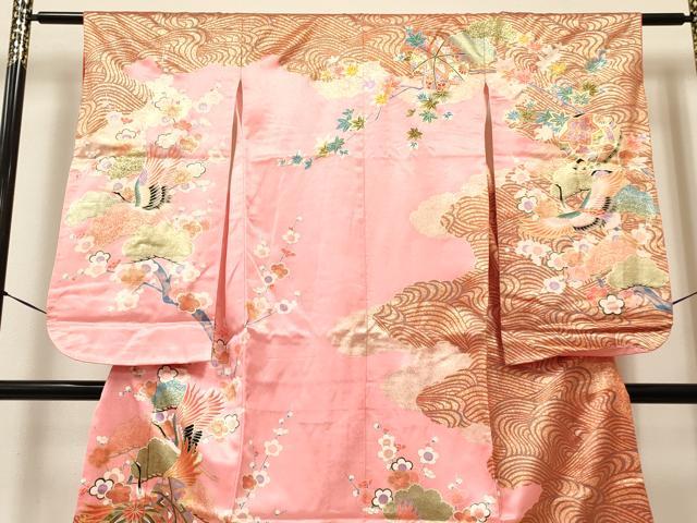 平和屋着物[]七五三　女の子　７歳　祝着　四つ身　飛鶴鞠花文　金銀彩　DABA3661ma