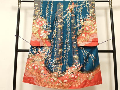 平和屋着物[]七五三　女の子　７歳　祝着　四つ身　御所車鴛鴦花文　暈し染め　金彩　逸品　DABA3664ma