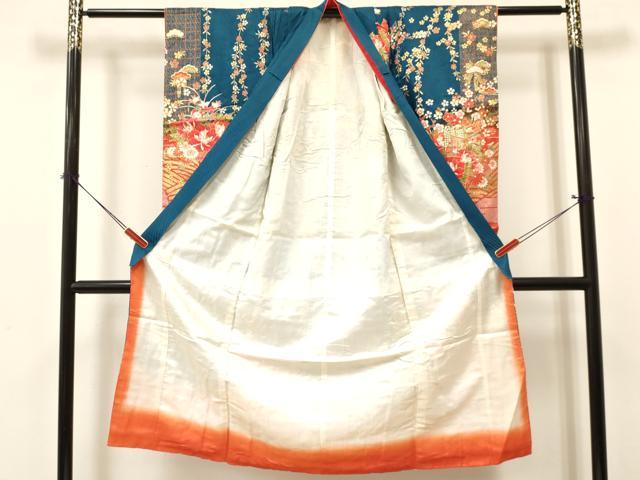 平和屋着物[]七五三　女の子　７歳　祝着　四つ身　御所車鴛鴦花文　暈し染め　金彩　逸品　DABA3664ma