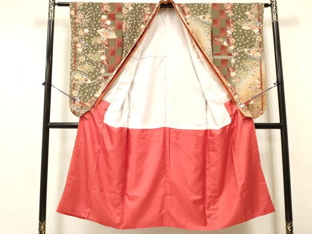 平和屋着物[]七五三　女の子　７歳　祝着　四つ身　地紙重ね片輪車花文　暈し染め　金彩　逸品　DABA3668ma