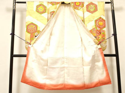 平和屋着物[]七五三　女の子　７歳　祝着　四つ身　駒刺繍　橘　亀甲舞蝶桐花文　金彩　逸品　DABA3670ma