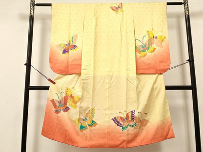 平和屋着物[]七五三　女の子　７歳　祝着　四つ身　舞蝶文　暈し染め　金彩　逸品　DABA3672ma