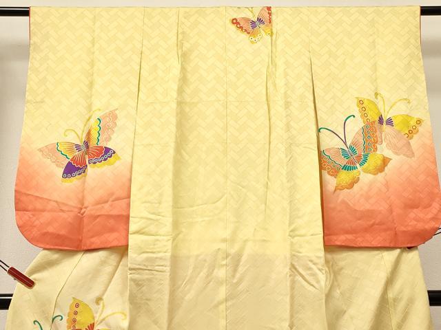 平和屋着物[]七五三　女の子　７歳　祝着　四つ身　舞蝶文　暈し染め　金彩　逸品　DABA3672ma
