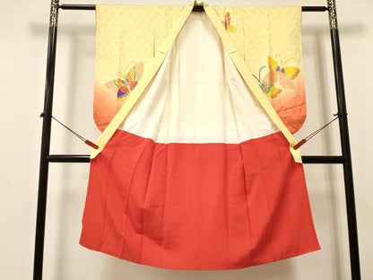 平和屋着物[]七五三　女の子　７歳　祝着　四つ身　舞蝶文　暈し染め　金彩　逸品　DABA3672ma