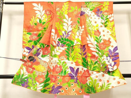 平和屋着物[]七五三　女の子　３歳　祝着　三つ身　駒刺繍　孔雀花文　金彩　洗える着物　DABA3674ma
