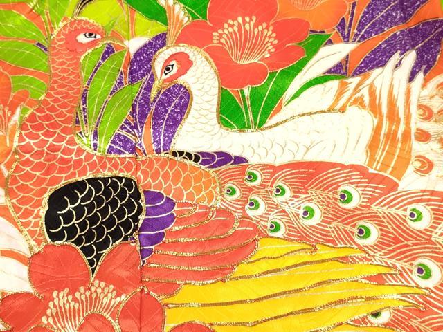 平和屋着物[]七五三　女の子　３歳　祝着　三つ身　駒刺繍　孔雀花文　金彩　洗える着物　DABA3674ma