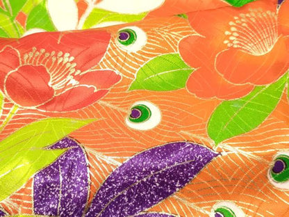 平和屋着物[]七五三　女の子　３歳　祝着　三つ身　駒刺繍　孔雀花文　金彩　洗える着物　DABA3674ma