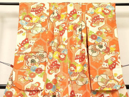 平和屋着物[]七五三　女の子　７歳　祝着　四つ身　鼓花蝶文　金彩　DABA3678ma