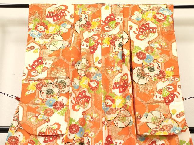 平和屋着物[]七五三　女の子　７歳　祝着　四つ身　鼓花蝶文　金彩　DABA3678ma