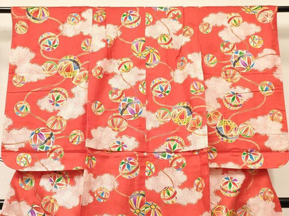平和屋着物[]七五三　女の子　７歳　祝着　四つ身　雲重ね鞠花文　金彩　逸品　DABA3679ma