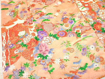 平和屋着物[]七五三　女の子　７歳　祝着　四つ身　牡丹花文　金彩　逸品　DABA3680ma