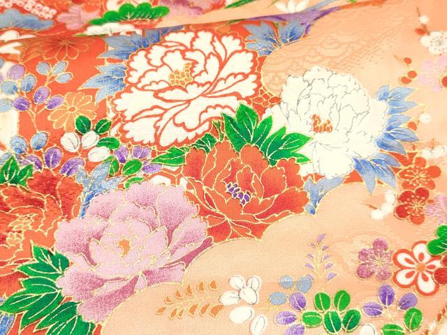 平和屋着物[]七五三　女の子　７歳　祝着　四つ身　牡丹花文　金彩　逸品　DABA3680ma