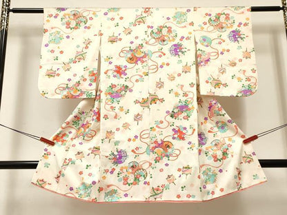 平和屋着物[]七五三　女の子　３歳　祝着　三つ身　鼓糸車花文　金彩　逸品　DABA3683ma