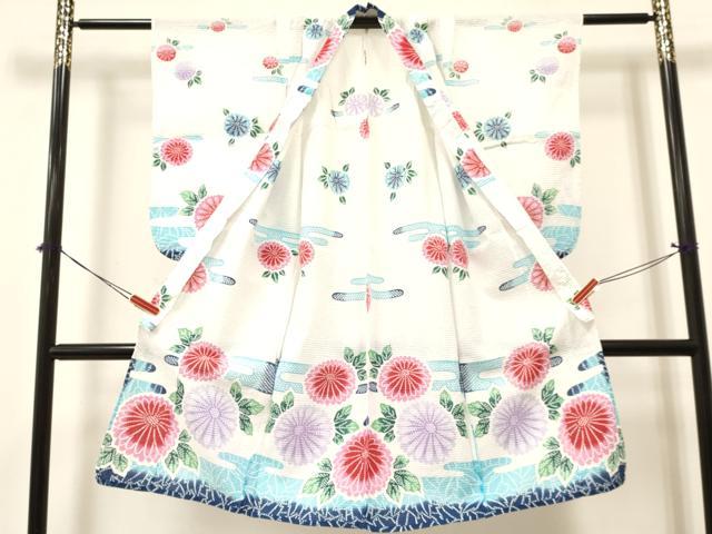 平和屋着物∴夏物 子供 女の子 浴衣 ７歳 エ霞花文 綿 DABA3685ma