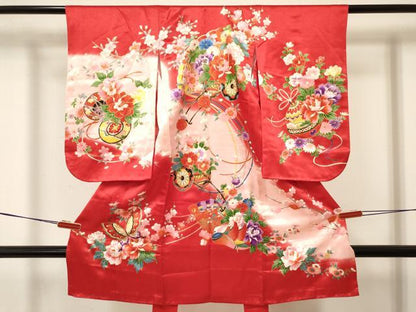 平和屋着物[]七五三　女の子　３歳　祝着　三つ身　鴛鴦　舞蝶花車文　暈し染め　金彩　DABA3690ma