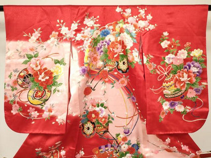平和屋着物[]七五三　女の子　３歳　祝着　三つ身　鴛鴦　舞蝶花車文　暈し染め　金彩　DABA3690ma