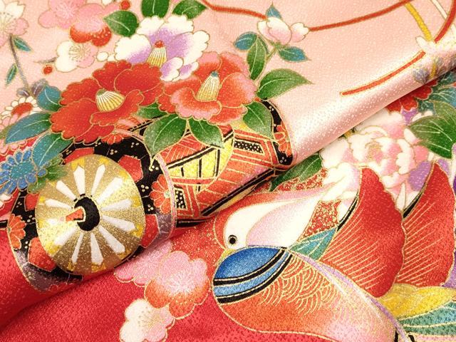 平和屋着物[]七五三　女の子　３歳　祝着　三つ身　鴛鴦　舞蝶花車文　暈し染め　金彩　DABA3690ma