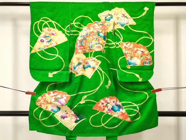 平和屋着物[]七五三　女の子　３歳　祝着　三つ身　駒刺繍　扇面御所車冊子花文　金彩　逸品　DABA3691ma