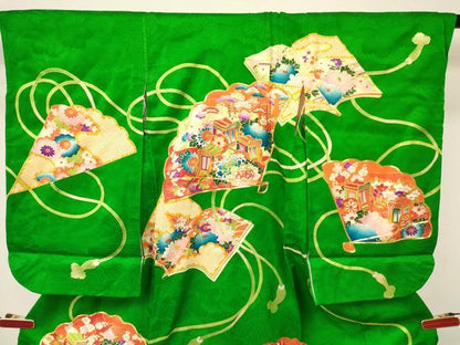 平和屋着物[]七五三　女の子　３歳　祝着　三つ身　駒刺繍　扇面御所車冊子花文　金彩　逸品　DABA3691ma