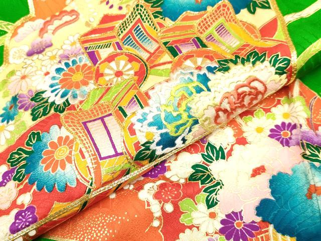 平和屋着物[]七五三　女の子　３歳　祝着　三つ身　駒刺繍　扇面御所車冊子花文　金彩　逸品　DABA3691ma