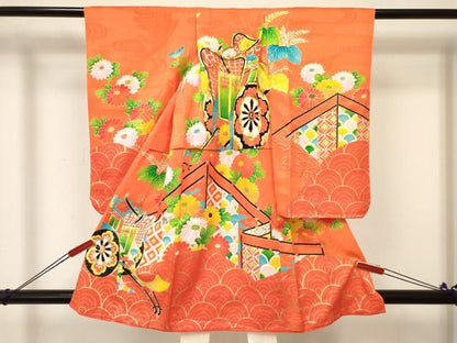 平和屋着物[]七五三　女の子　３歳　祝着　三つ身　駒刺繍　御所車花文　金彩　逸品　DABA3692ma