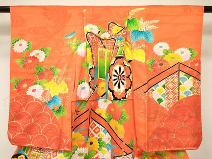 平和屋着物[]七五三　女の子　３歳　祝着　三つ身　駒刺繍　御所車花文　金彩　逸品　DABA3692ma