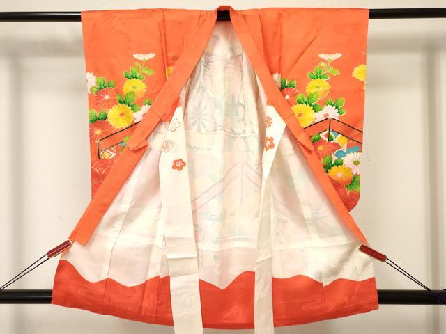 平和屋着物[]七五三　女の子　３歳　祝着　三つ身　駒刺繍　御所車花文　金彩　逸品　DABA3692ma