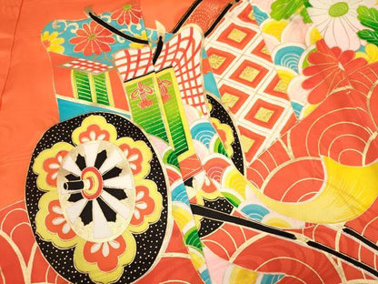 平和屋着物[]七五三　女の子　３歳　祝着　三つ身　駒刺繍　御所車花文　金彩　逸品　DABA3692ma