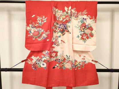 平和屋着物[]七五三　女の子　３歳　祝着　三つ身　鞠　片輪車飛鶴花文　金彩　逸品　DABA3693ma