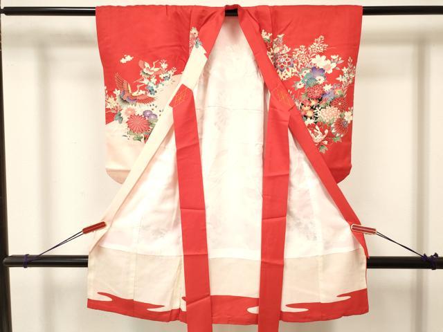 平和屋着物[]七五三　女の子　３歳　祝着　三つ身　鞠　片輪車飛鶴花文　金彩　逸品　DABA3693ma