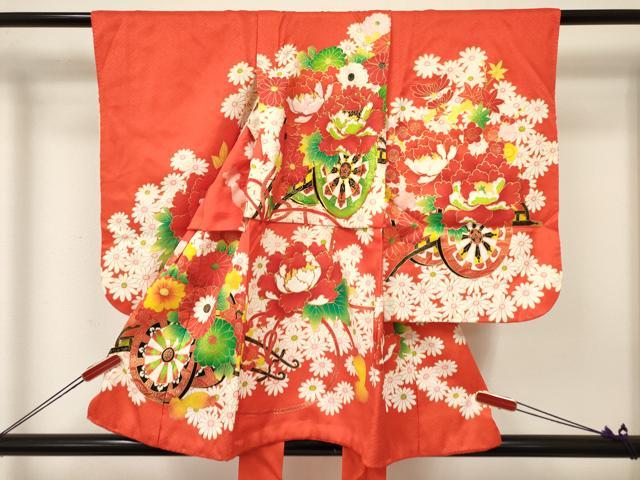平和屋着物[]七五三　女の子　３歳　祝着　三つ身　駒刺繍　花車文　金彩　逸品　DABA3694ma